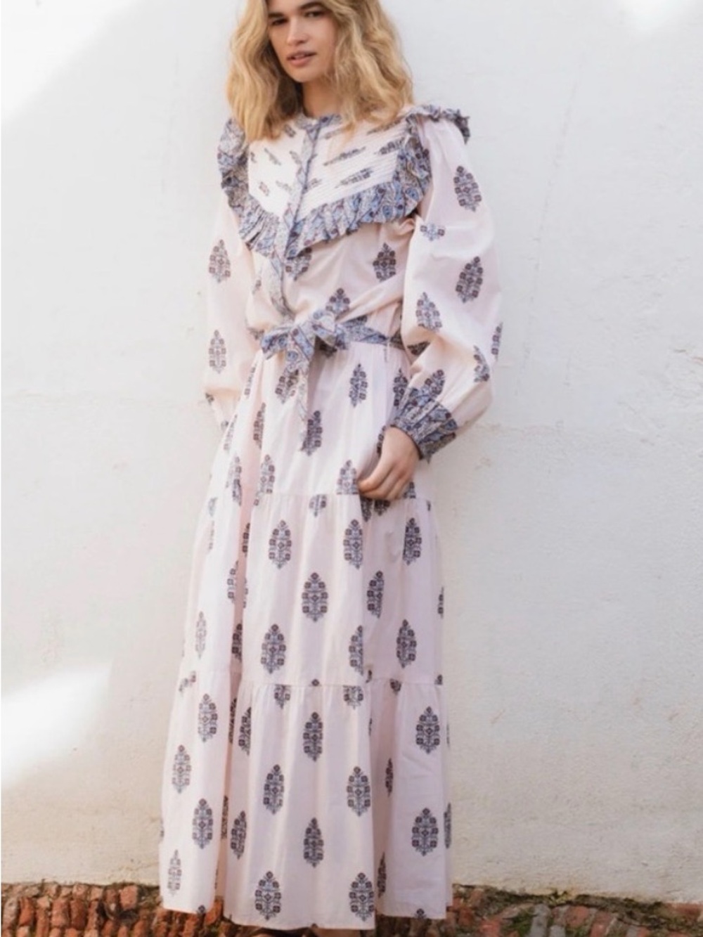 Boho Pink Floral Ruffle Maxi Dress with Tie Waist